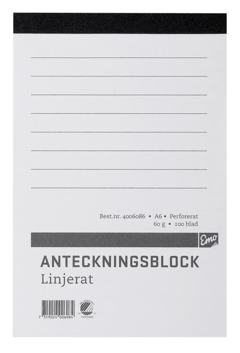 ANTECKNINGSBLOCK A6 LINJERAT 100 BLAD